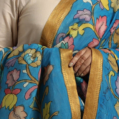 Blue - Chanderi Silk Srikalahasti Handpainted Pen Kalamkari Dupatta 55