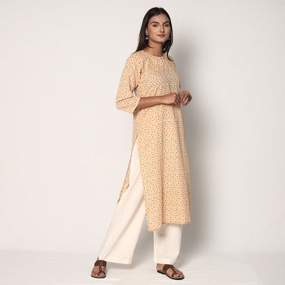 Beige - Tribal Motifs Hand Printed Cotton Casual Long Kurta