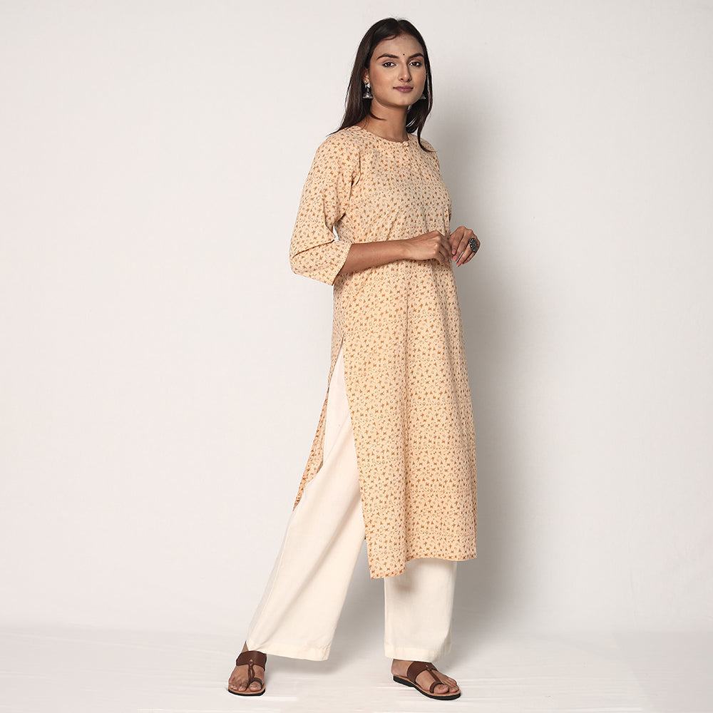 Beige - Tribal Motifs Hand Printed Cotton Casual Long Kurta