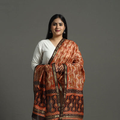 Brown - Block Print Chanderi Silk Ajrakh Dabu Bagru Dupatta 06