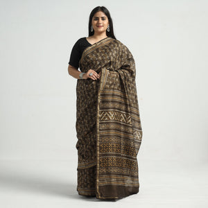 Brown - Akola Hand Block Printed Chanderi Silk Saree with Zari Border