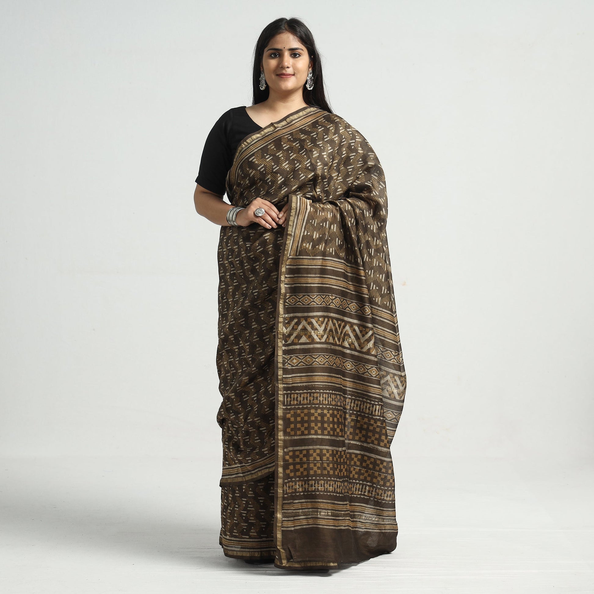 Brown - Akola Hand Block Printed Chanderi Silk Saree with Zari Border