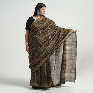 Brown - Akola Hand Block Printed Chanderi Silk Saree with Zari Border