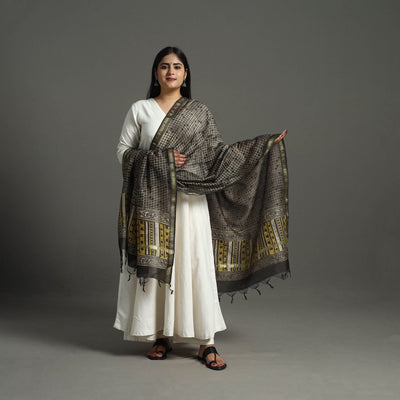 Brown - Block Print Chanderi Silk Ajrakh Dabu Bagru Dupatta 07