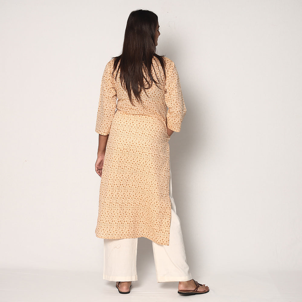 Beige - Tribal Motifs Hand Printed Cotton Casual Long Kurta