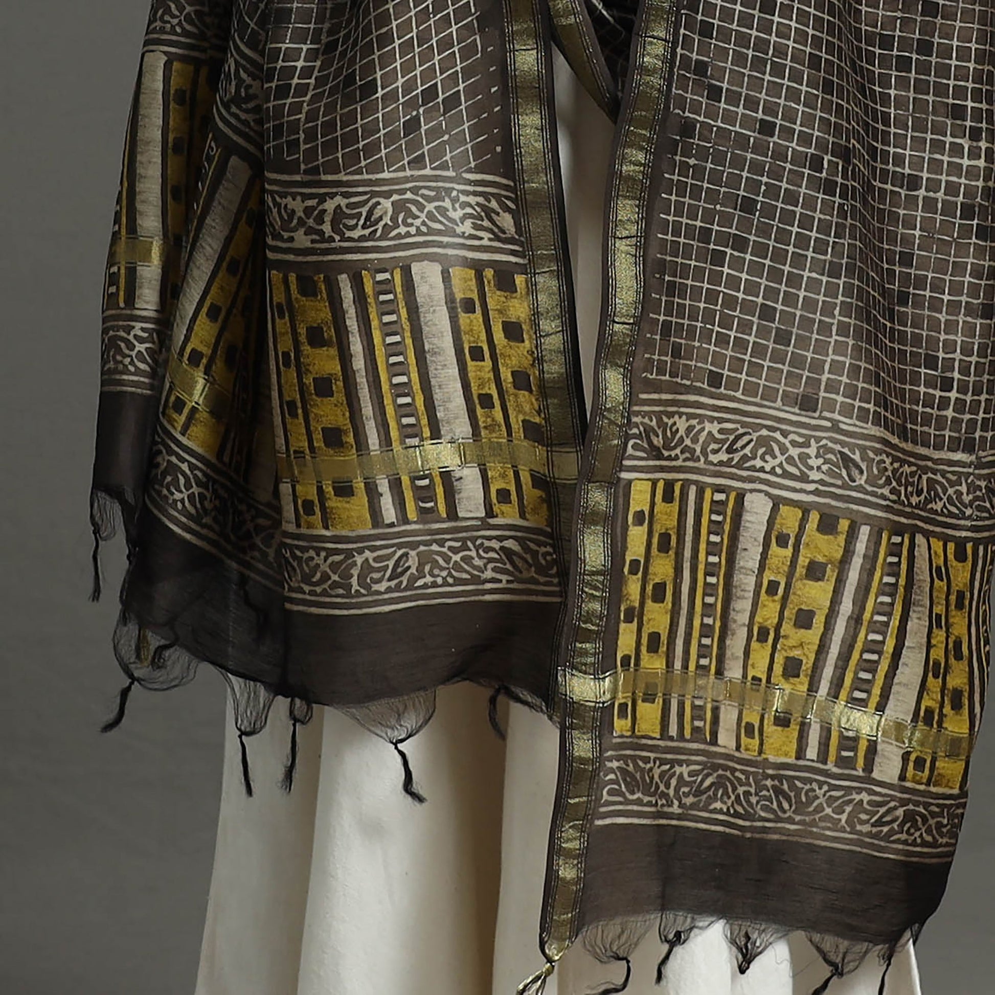 Brown - Block Print Chanderi Silk Ajrakh Dabu Bagru Dupatta 07