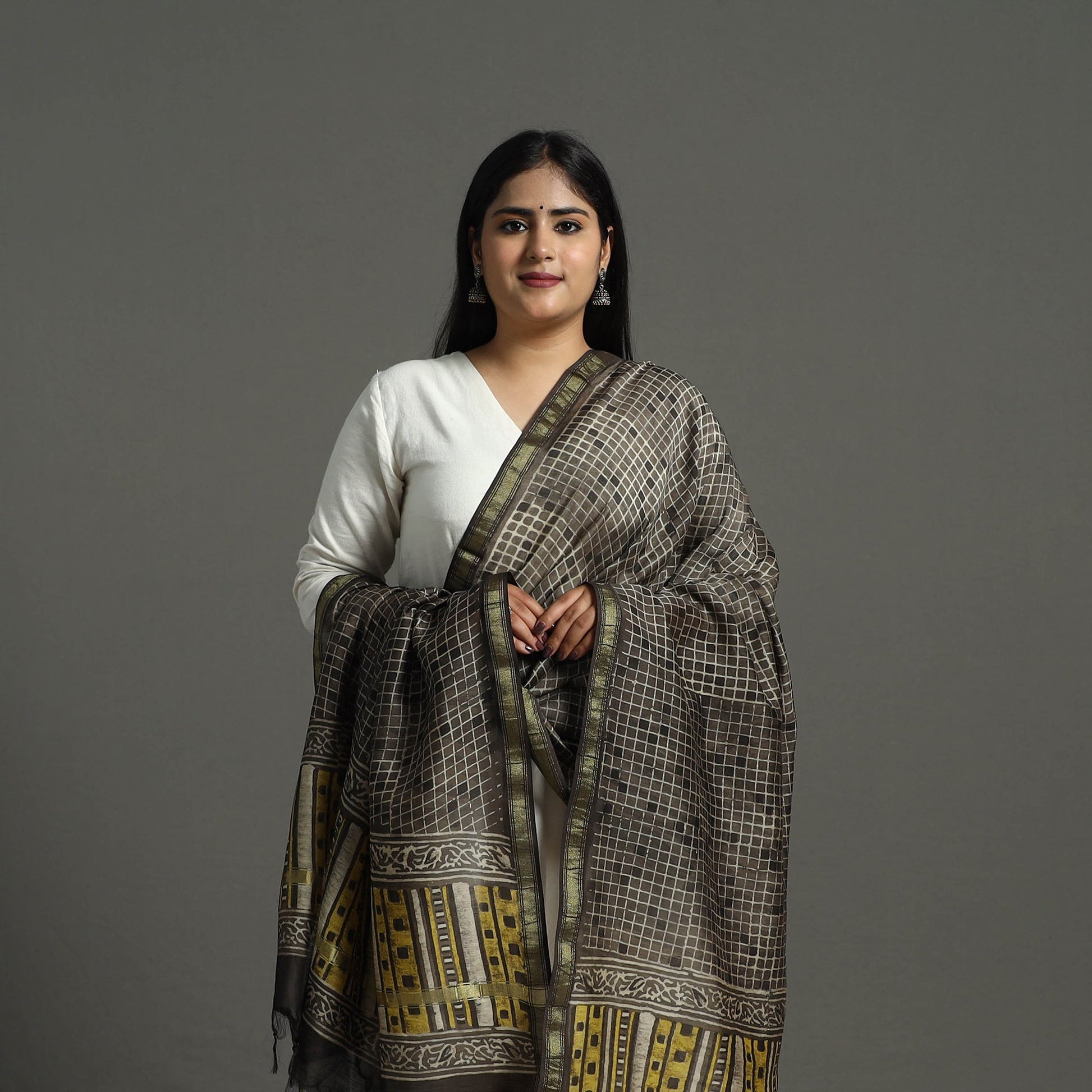 Brown - Block Print Chanderi Silk Ajrakh Dabu Bagru Dupatta 07