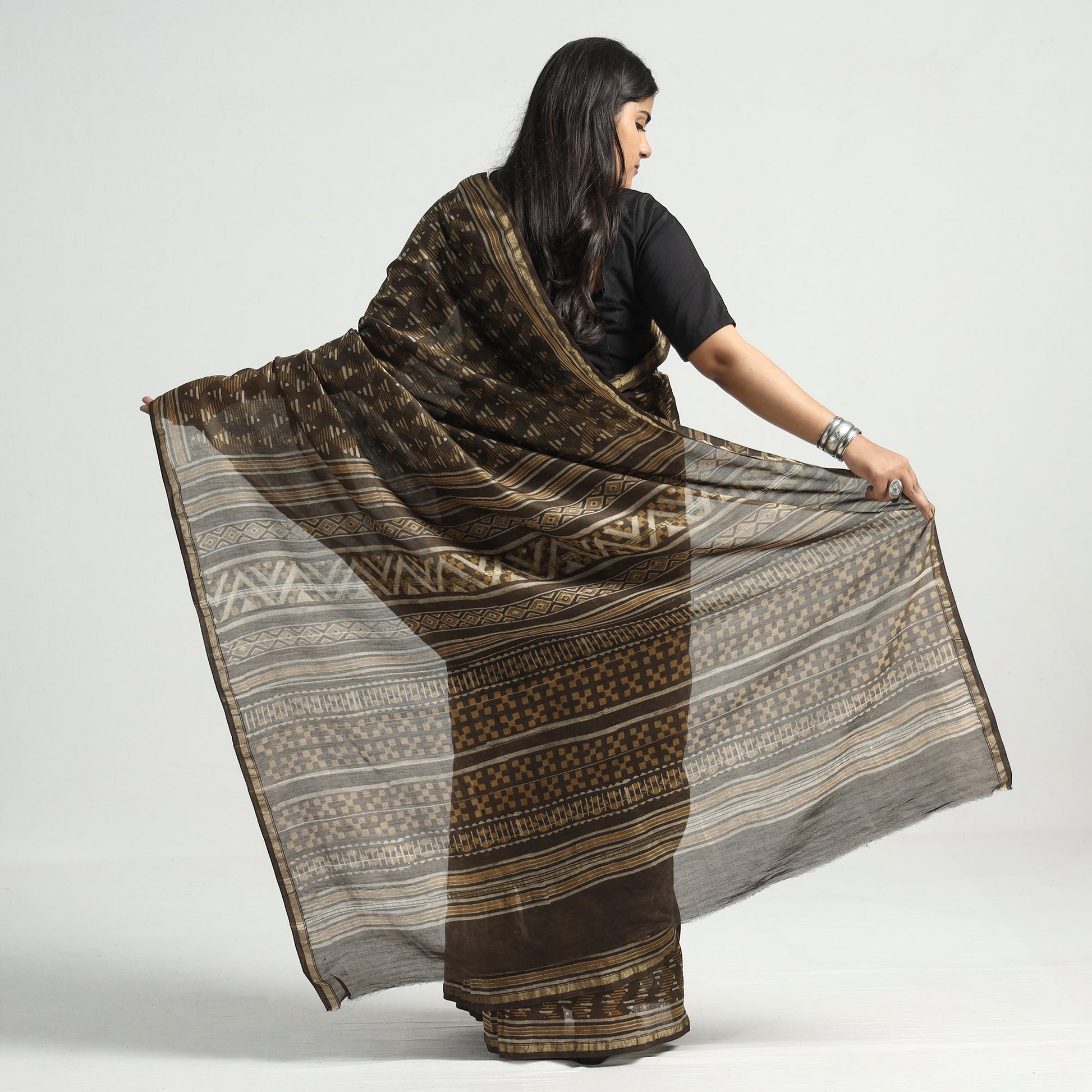 Brown - Akola Hand Block Printed Chanderi Silk Saree with Zari Border
