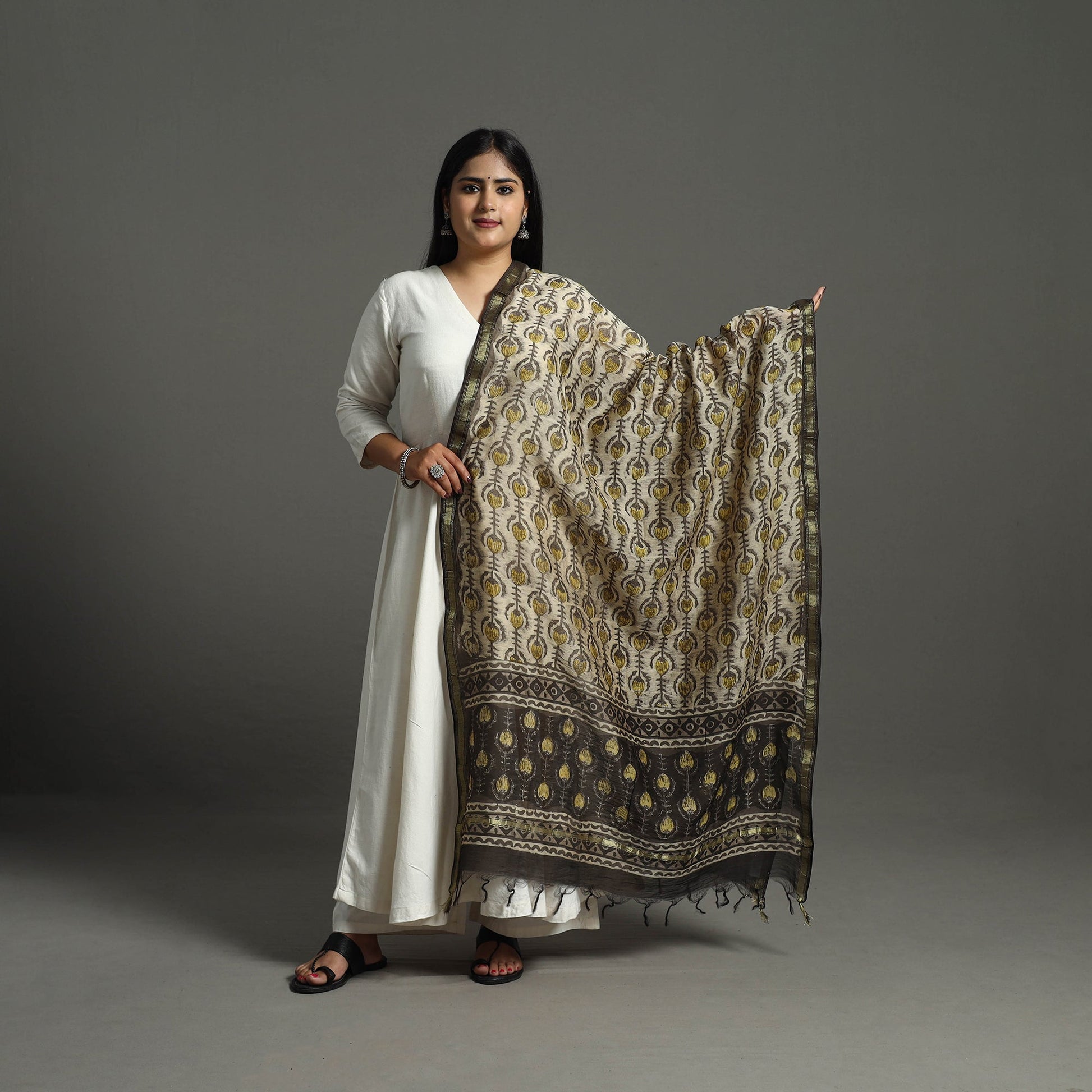 Beige - Block Print Chanderi Silk Ajrakh Dabu Bagru Dupatta 08