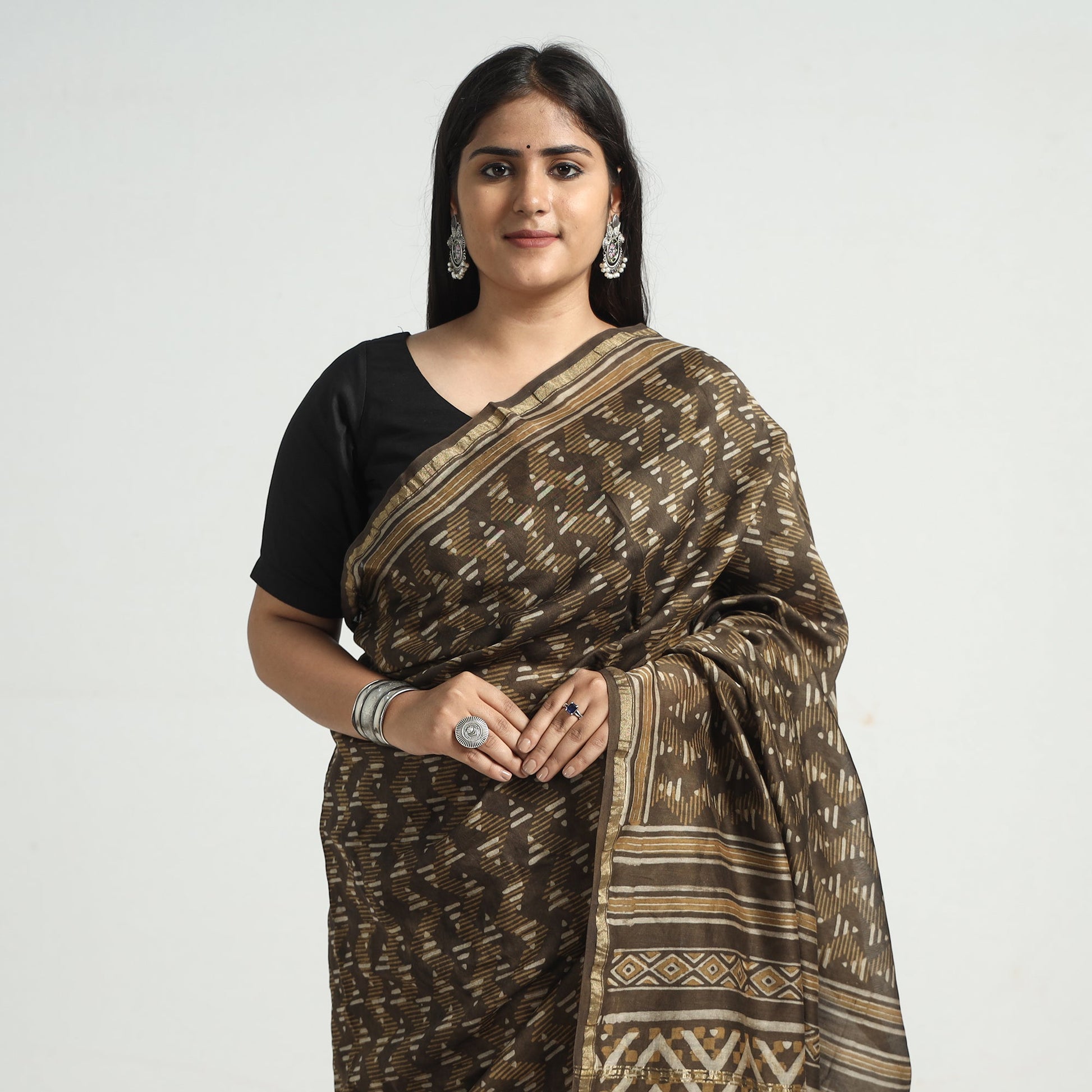 Brown - Akola Hand Block Printed Chanderi Silk Saree with Zari Border