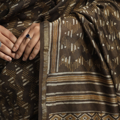 Brown - Akola Hand Block Printed Chanderi Silk Saree with Zari Border