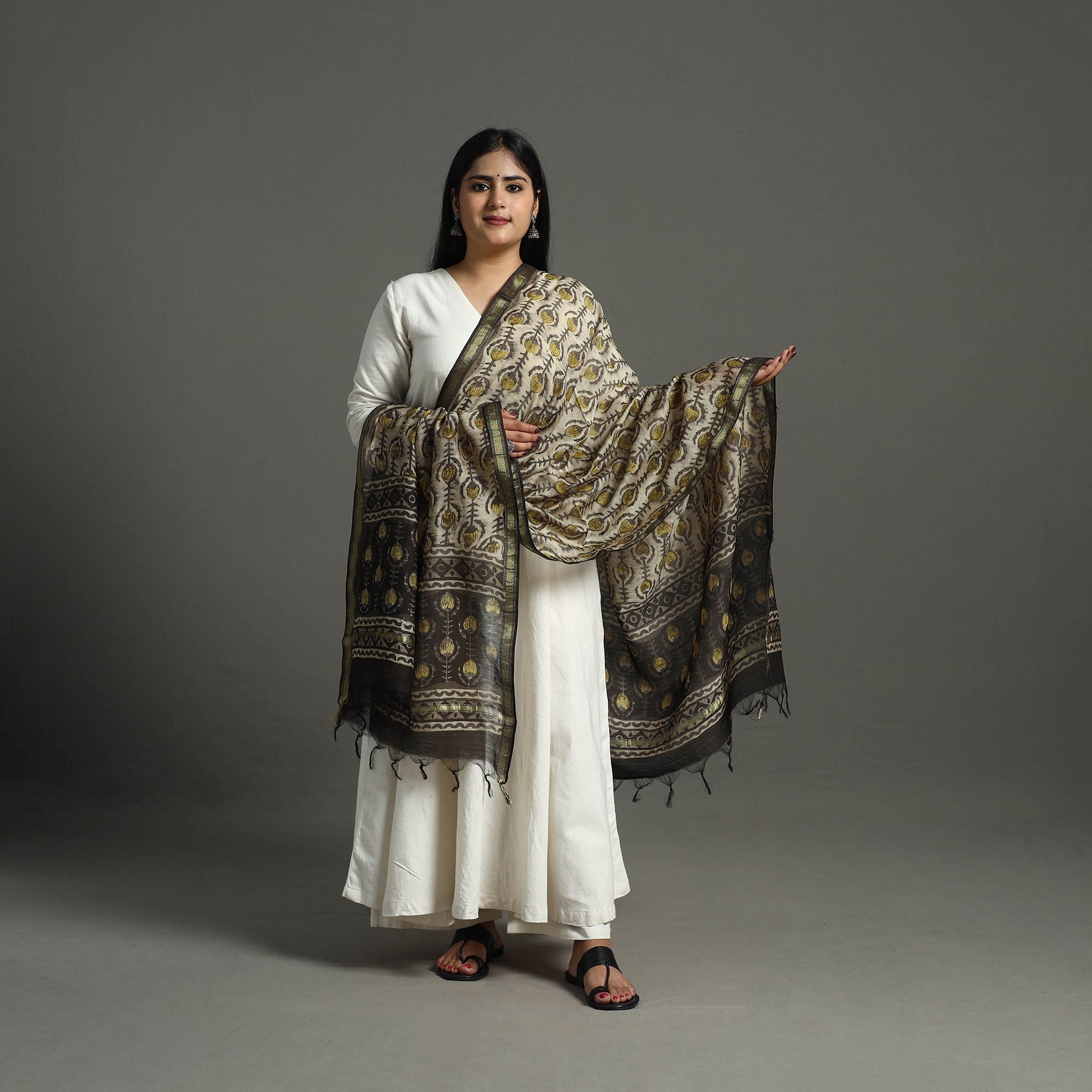 Beige - Block Print Chanderi Silk Ajrakh Dabu Bagru Dupatta 08
