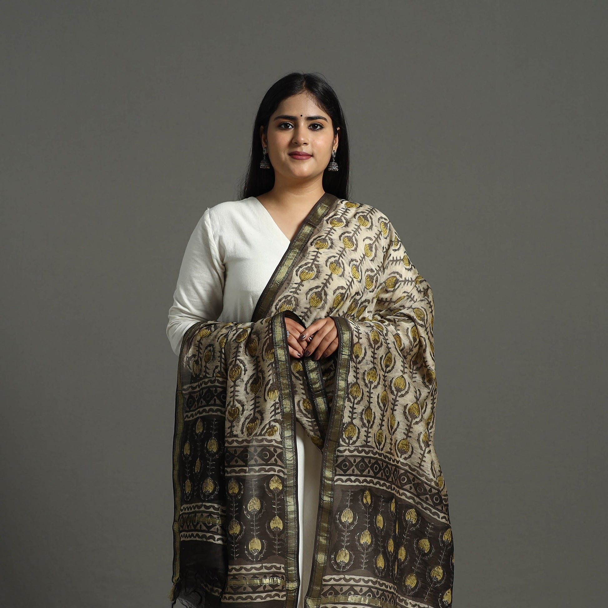 Beige - Block Print Chanderi Silk Ajrakh Dabu Bagru Dupatta 08