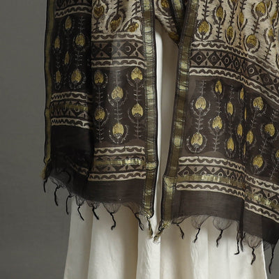 Beige - Block Print Chanderi Silk Ajrakh Dabu Bagru Dupatta 08