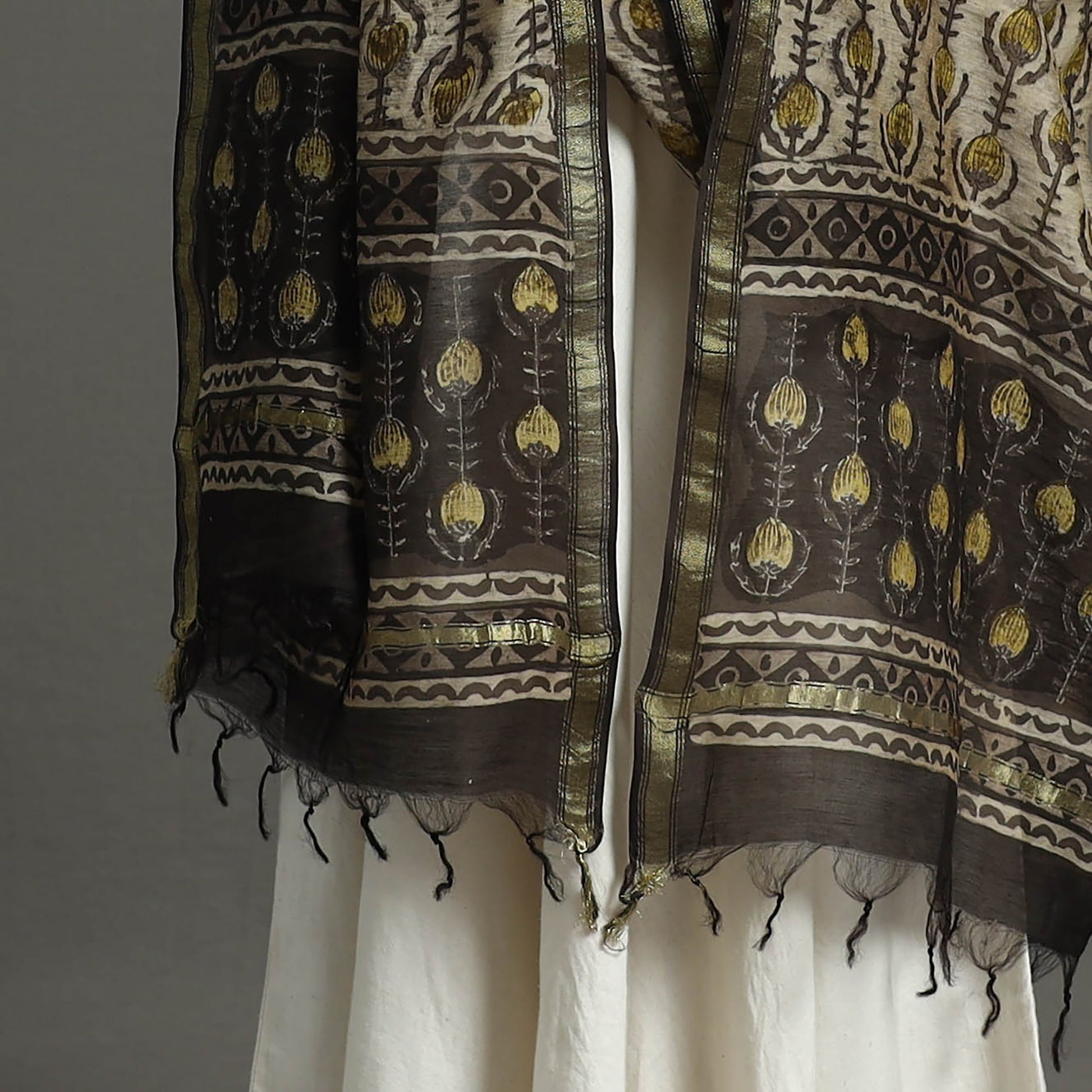 Beige - Block Print Chanderi Silk Ajrakh Dabu Bagru Dupatta 08