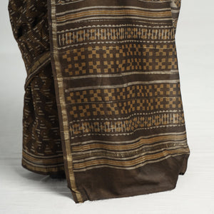 Brown - Akola Hand Block Printed Chanderi Silk Saree with Zari Border