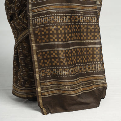 Brown - Akola Hand Block Printed Chanderi Silk Saree with Zari Border