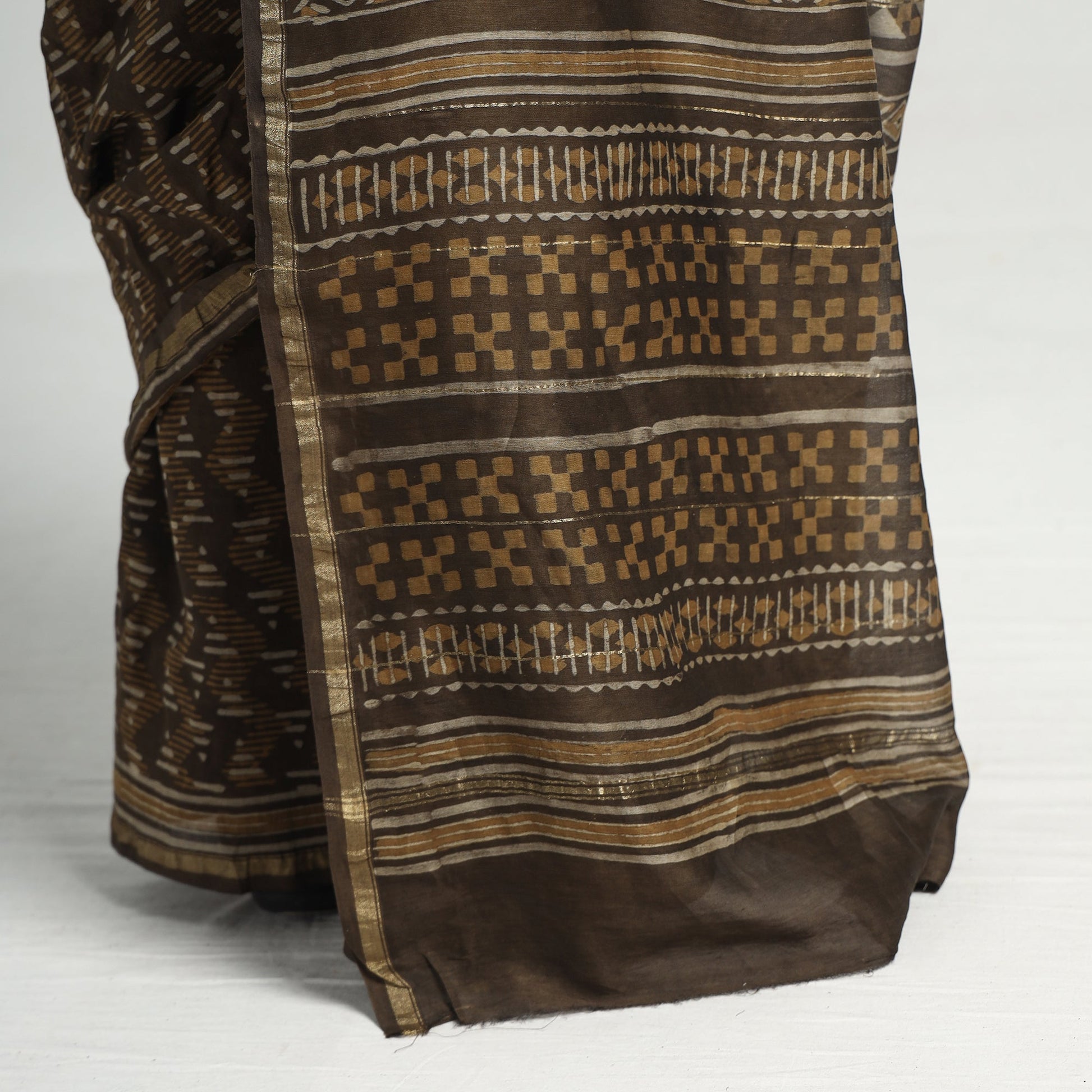 Brown - Akola Hand Block Printed Chanderi Silk Saree with Zari Border