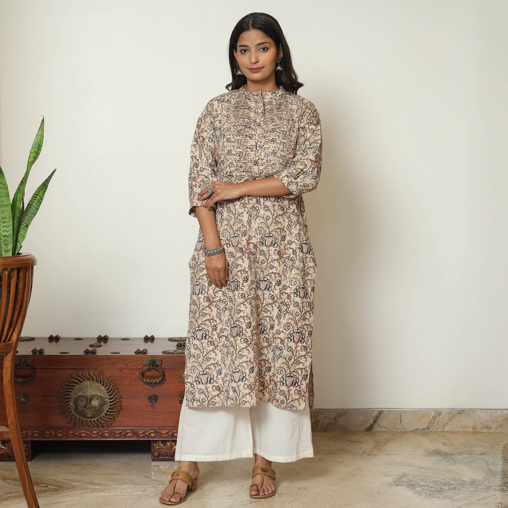 Beige - Pedana Kalamkari Hand Block Printed Cotton Pintuck Straight Kurta 08