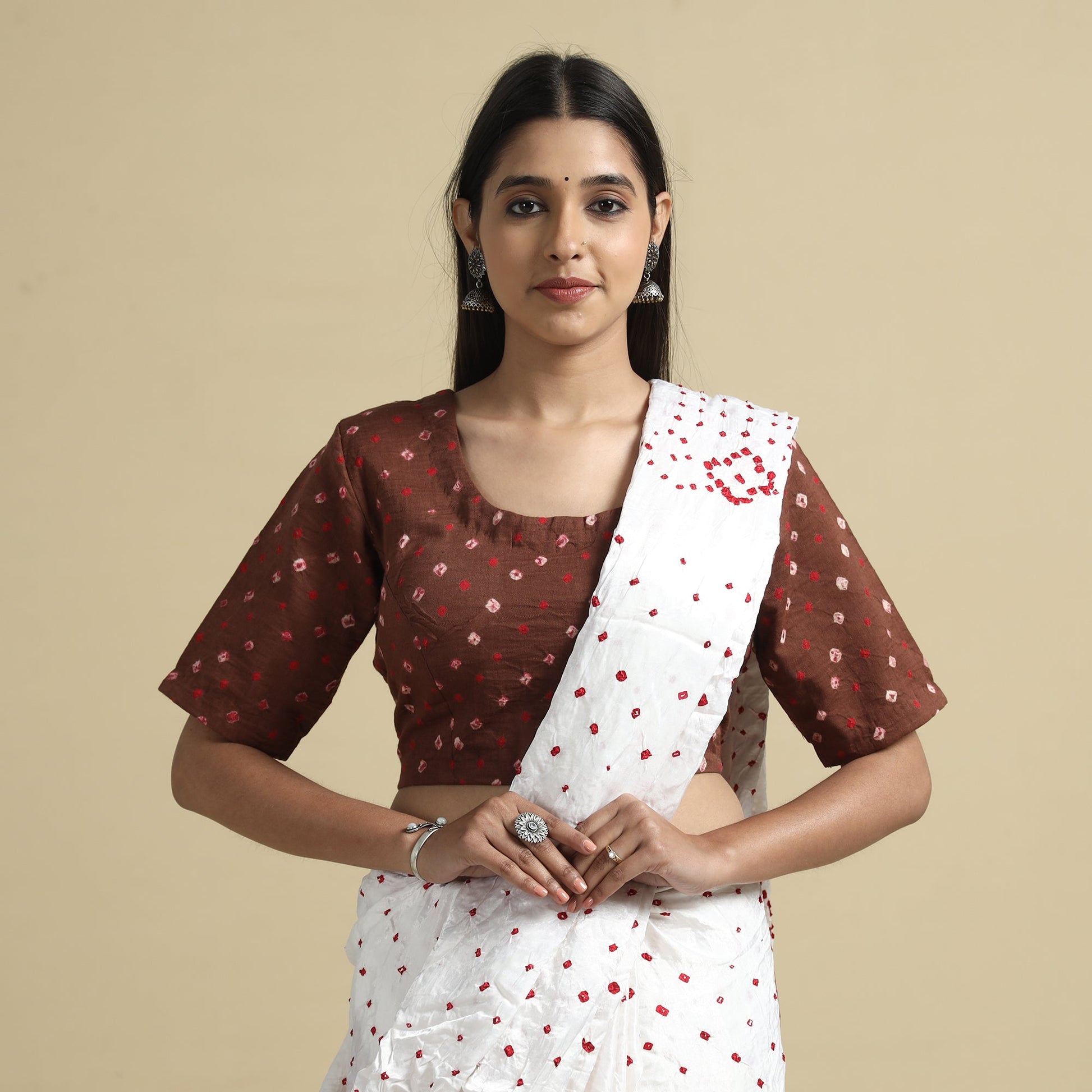 Brown - Bandhani Tie-Dye Cotton Stitched Blouse