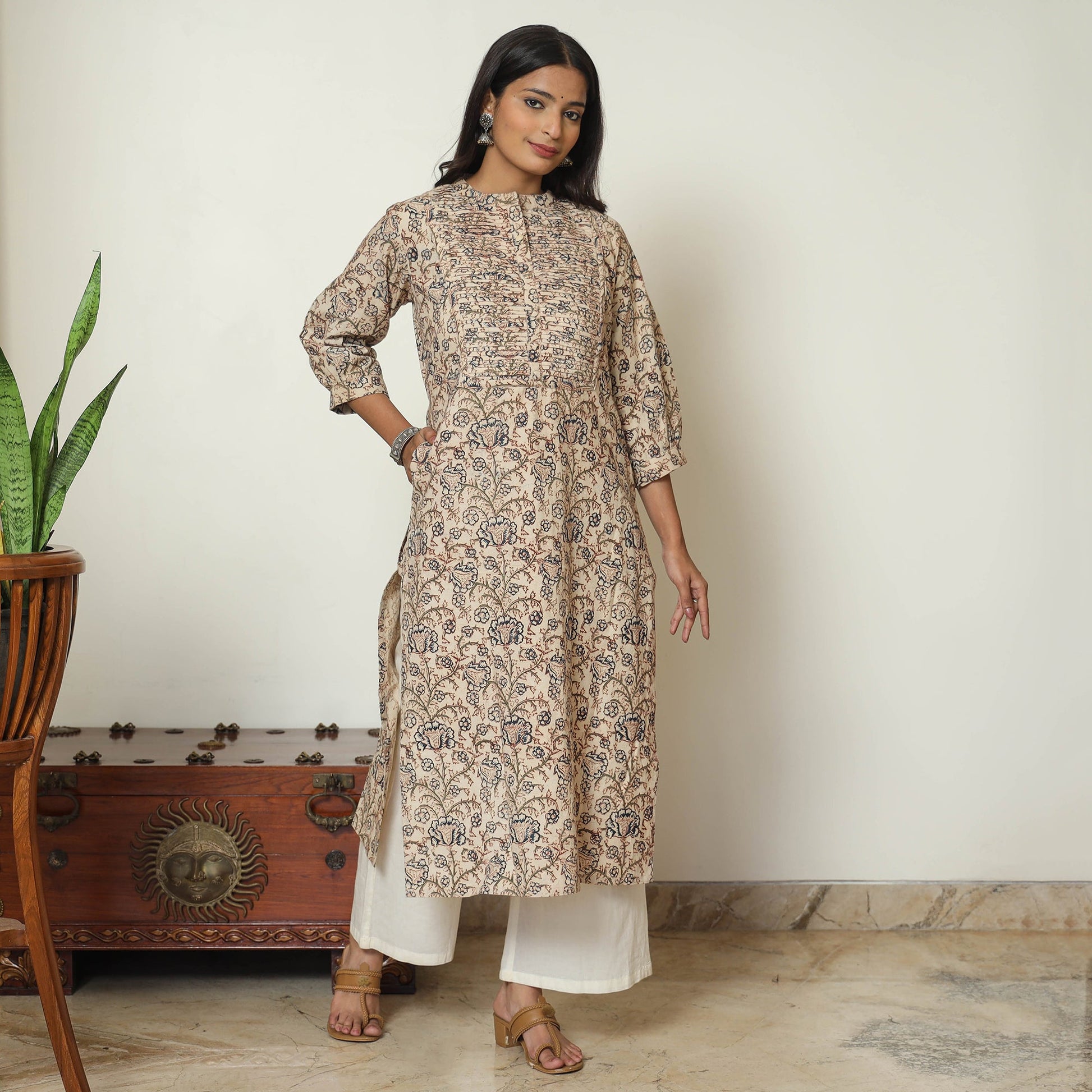 Beige - Pedana Kalamkari Hand Block Printed Cotton Pintuck Straight Kurta 08