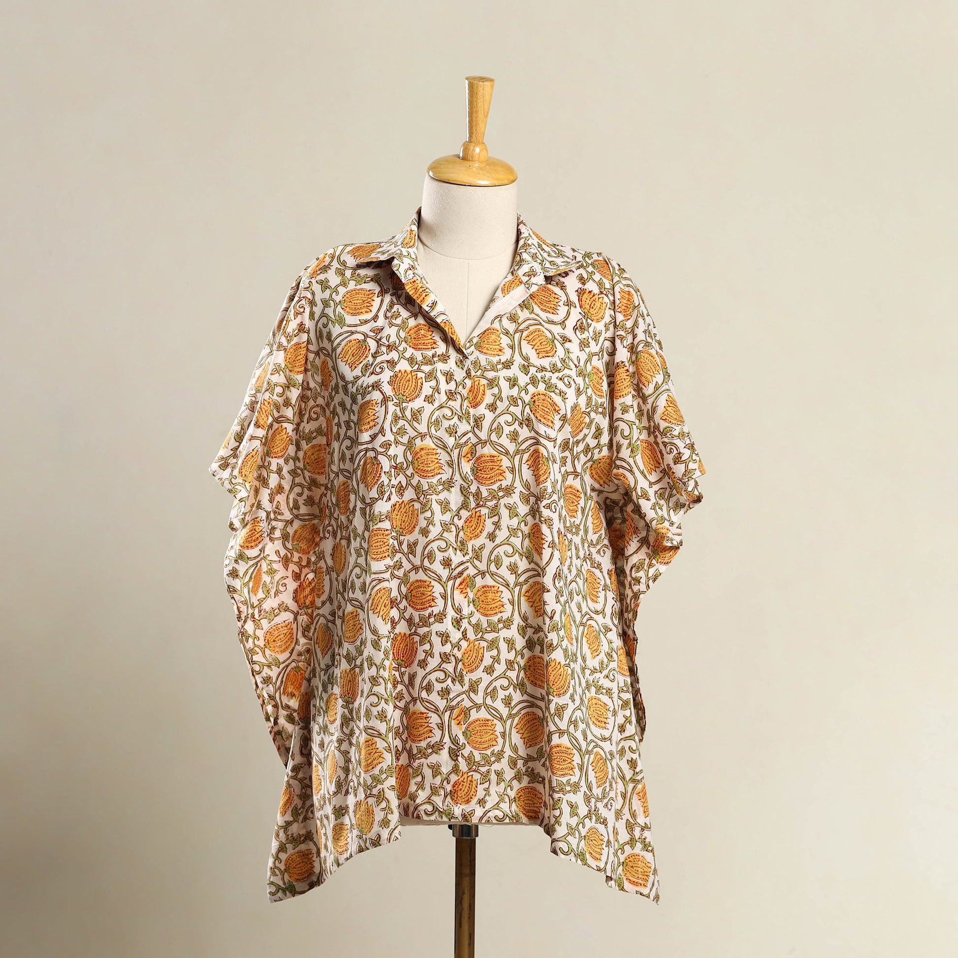 Beige - Block Print Sanganeri Cotton Kaftan (Short) 11