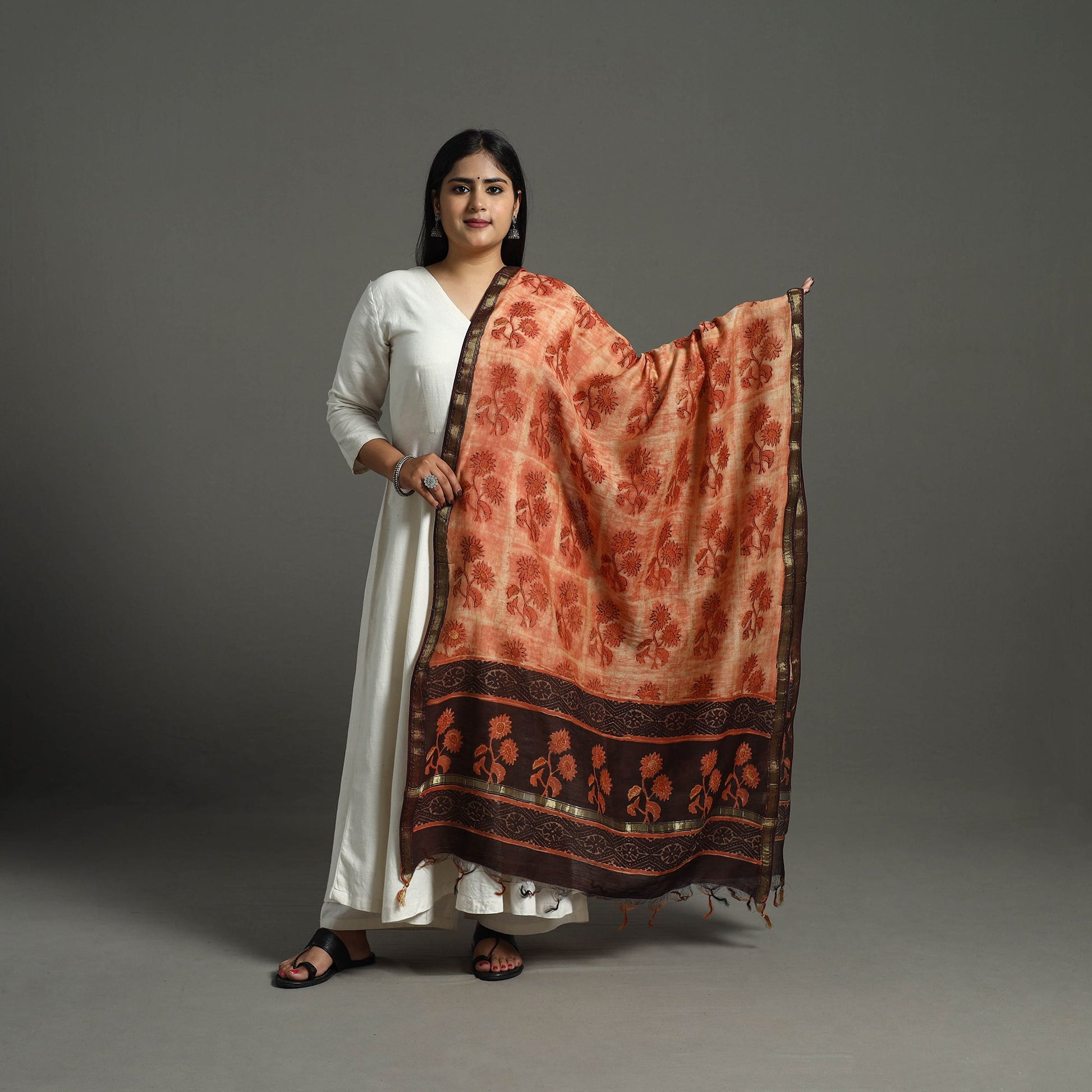 Brown - Block Print Chanderi Silk Ajrakh Dabu Bagru Dupatta 09