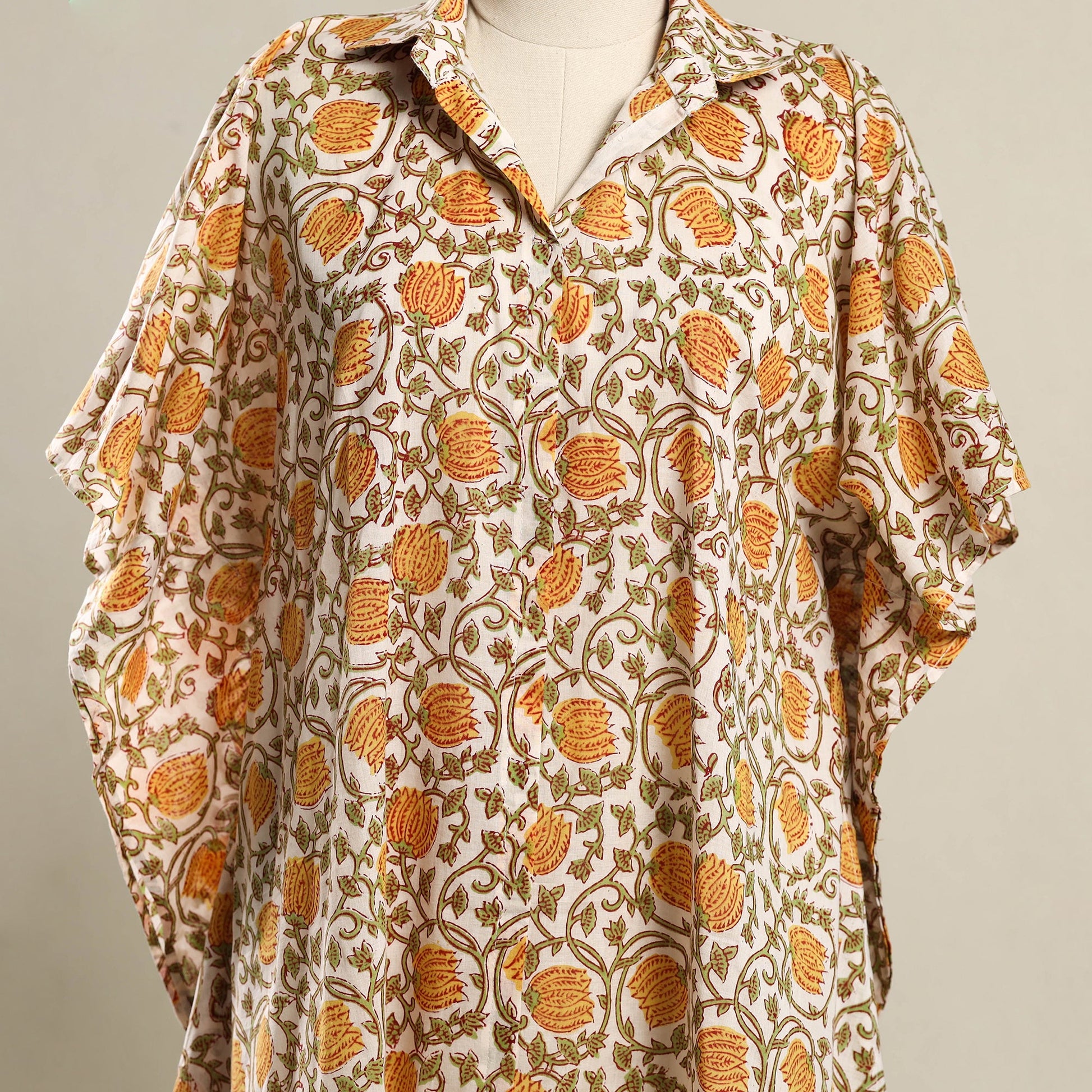 Beige - Block Print Sanganeri Cotton Kaftan (Short) 11