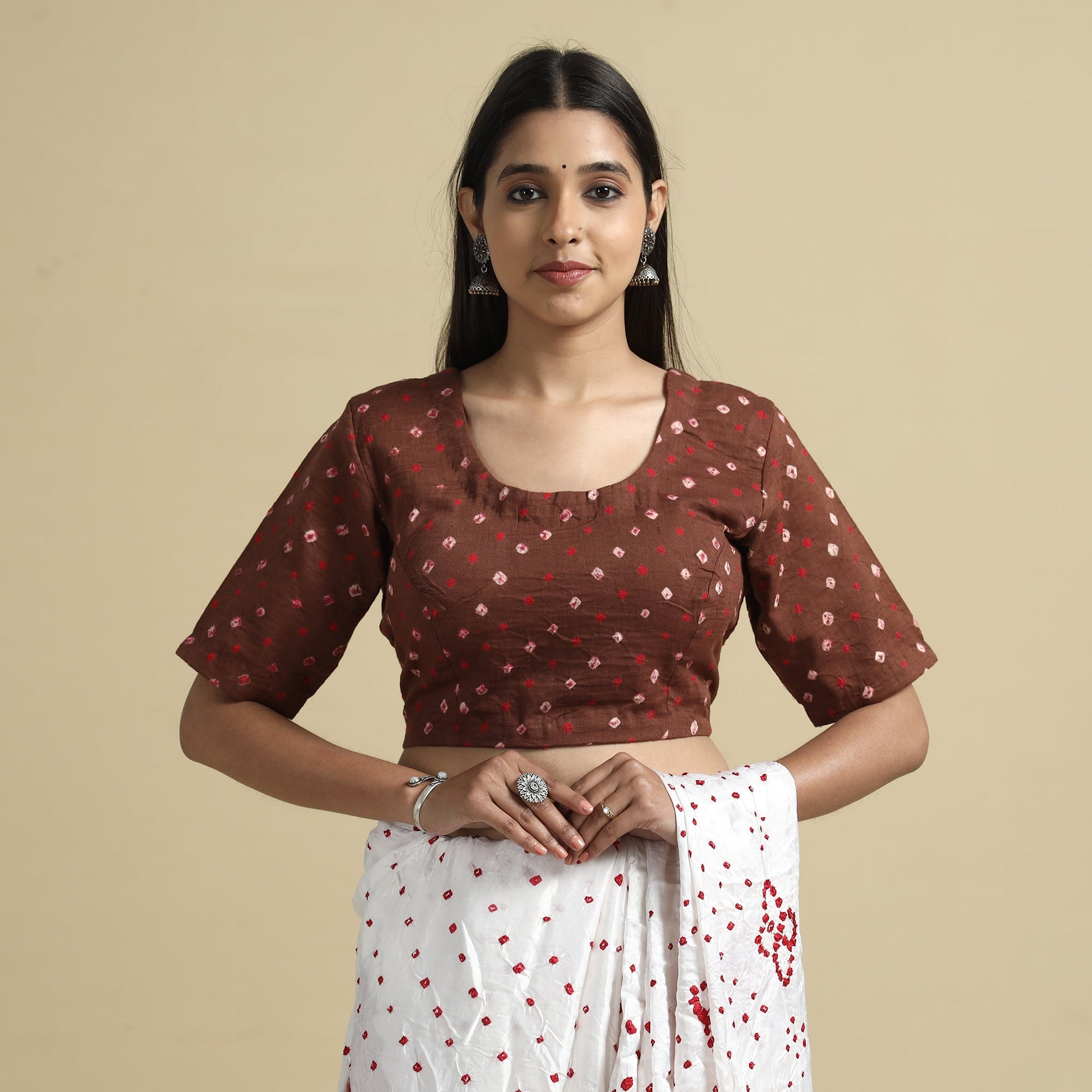 Brown - Bandhani Tie-Dye Cotton Stitched Blouse