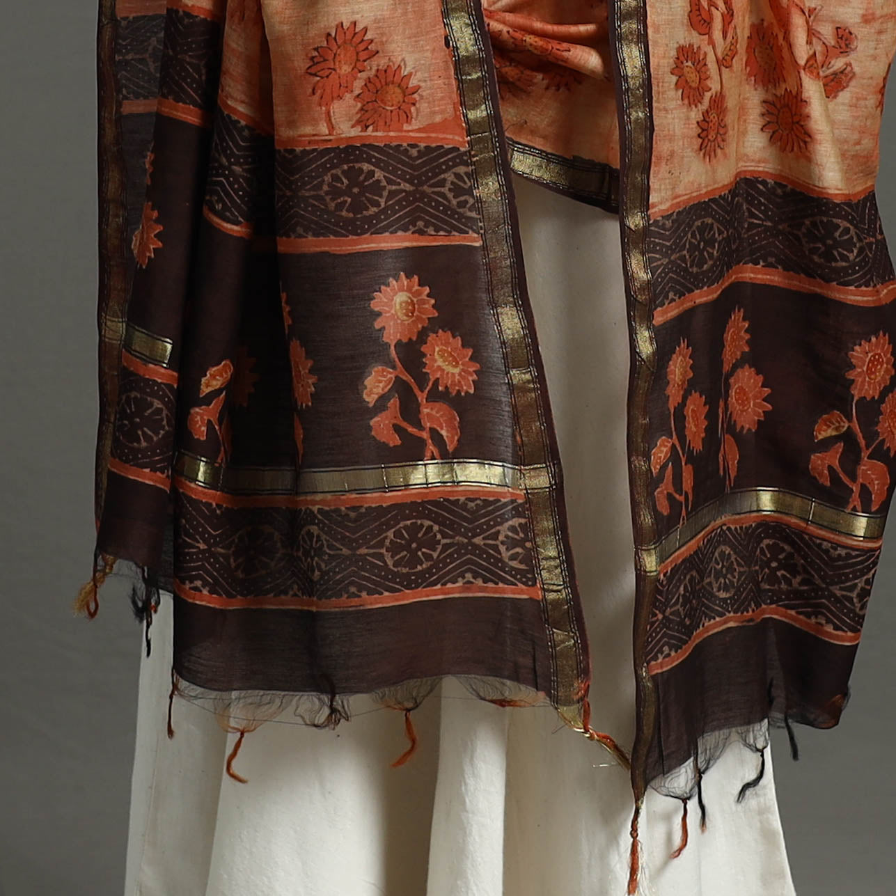 Brown - Block Print Chanderi Silk Ajrakh Dabu Bagru Dupatta 09
