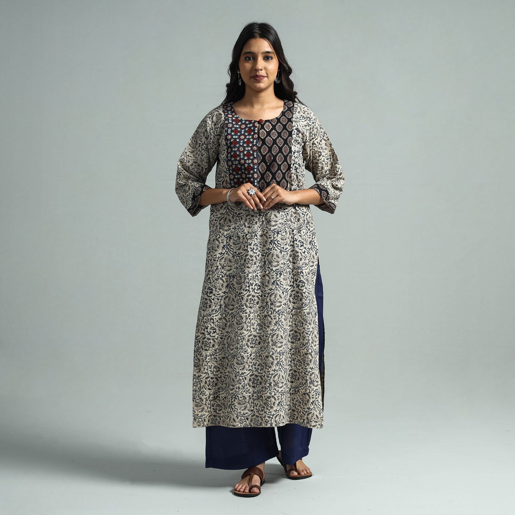 Beige - Pedana Kalamkari Block Printed Cotton Kurta with Palazzo Set