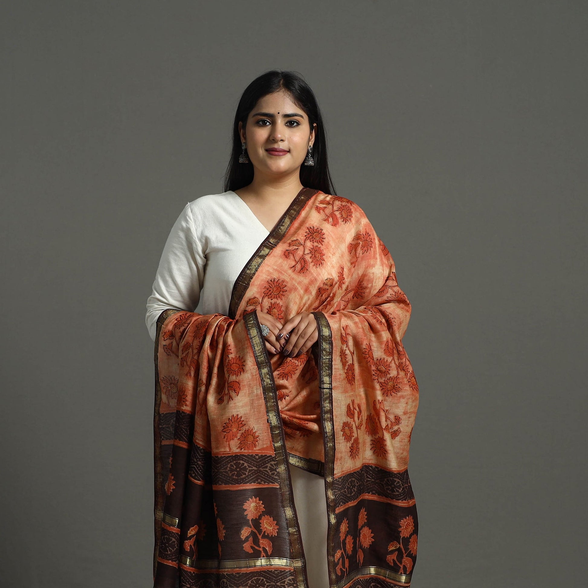 Brown - Block Print Chanderi Silk Ajrakh Dabu Bagru Dupatta 09