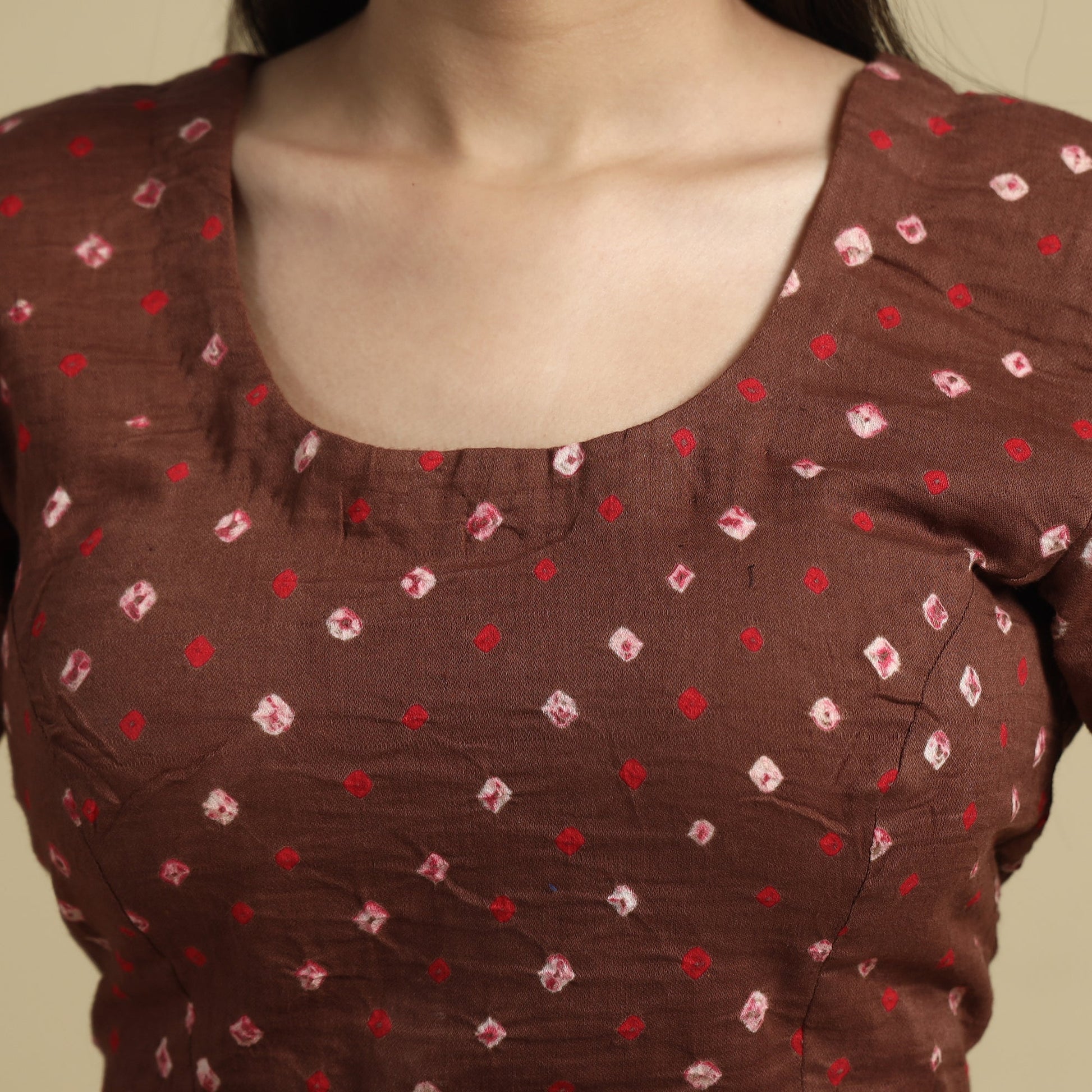 Brown - Bandhani Tie-Dye Cotton Stitched Blouse