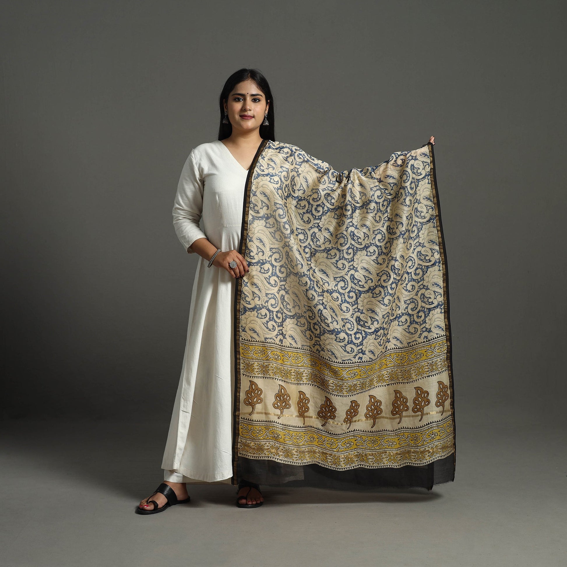 Blue - Chanderi Silk Block Print Bagru Dupatta 10