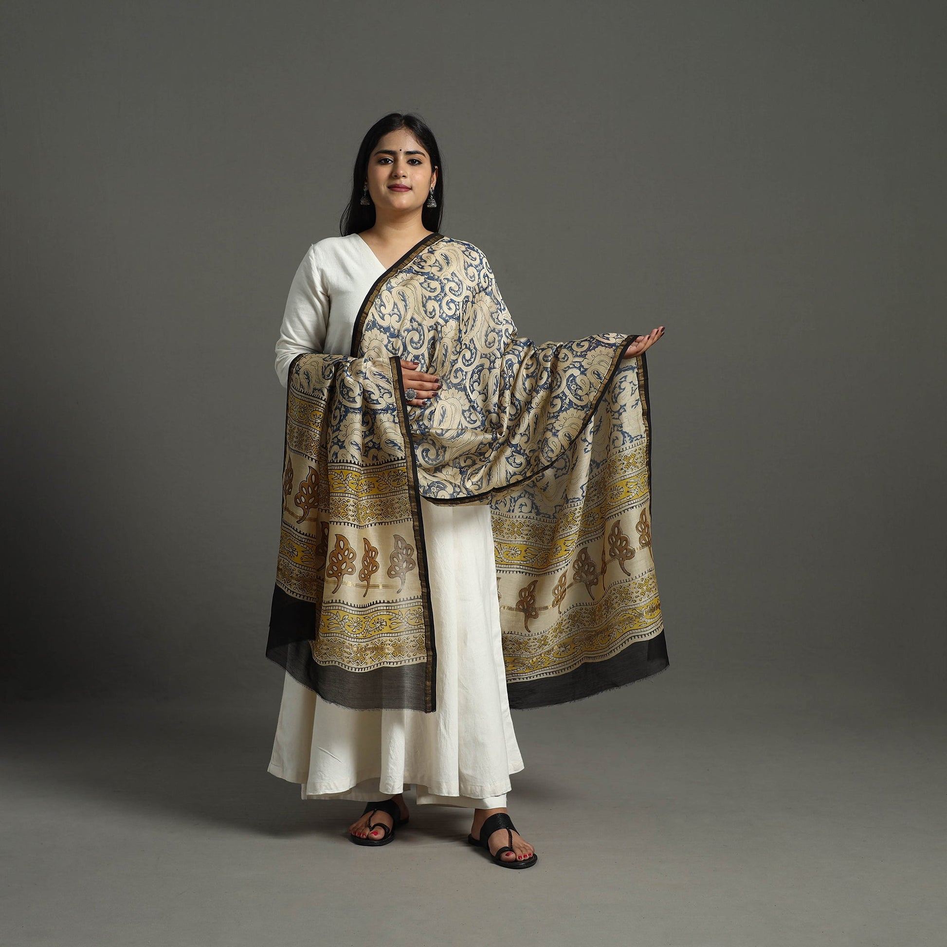 Blue - Chanderi Silk Block Print Bagru Dupatta 10