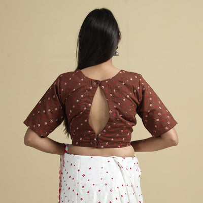 Brown - Bandhani Tie-Dye Cotton Stitched Blouse