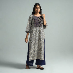 Beige - Pedana Kalamkari Block Printed Cotton Kurta with Palazzo Set