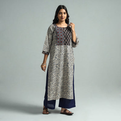 Beige - Pedana Kalamkari Block Printed Cotton Kurta with Palazzo Set