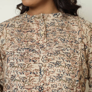 Beige - Pedana Kalamkari Hand Block Printed Cotton Pintuck Straight Kurta 08