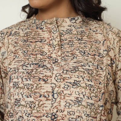 Beige - Pedana Kalamkari Hand Block Printed Cotton Pintuck Straight Kurta 08