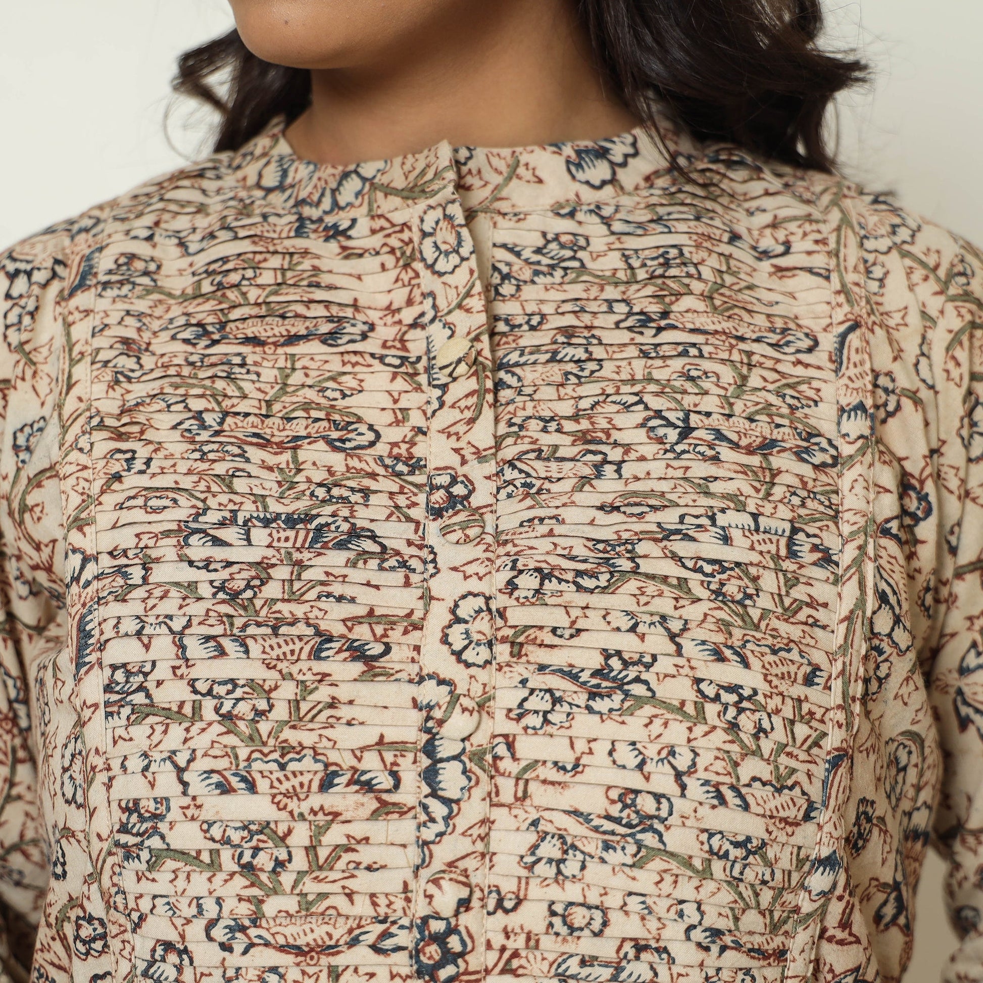 Beige - Pedana Kalamkari Hand Block Printed Cotton Pintuck Straight Kurta 08