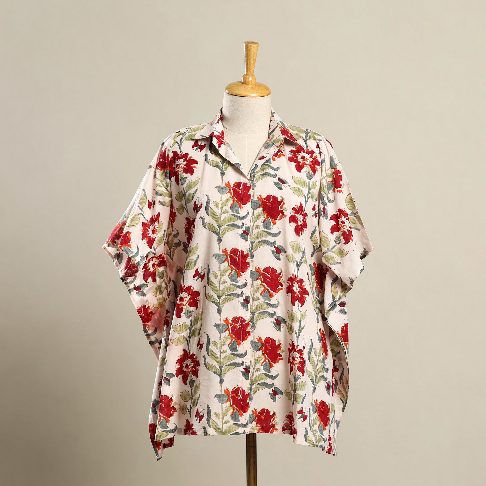 Beige - Block Print Sanganeri Cotton Kaftan (Short) 12