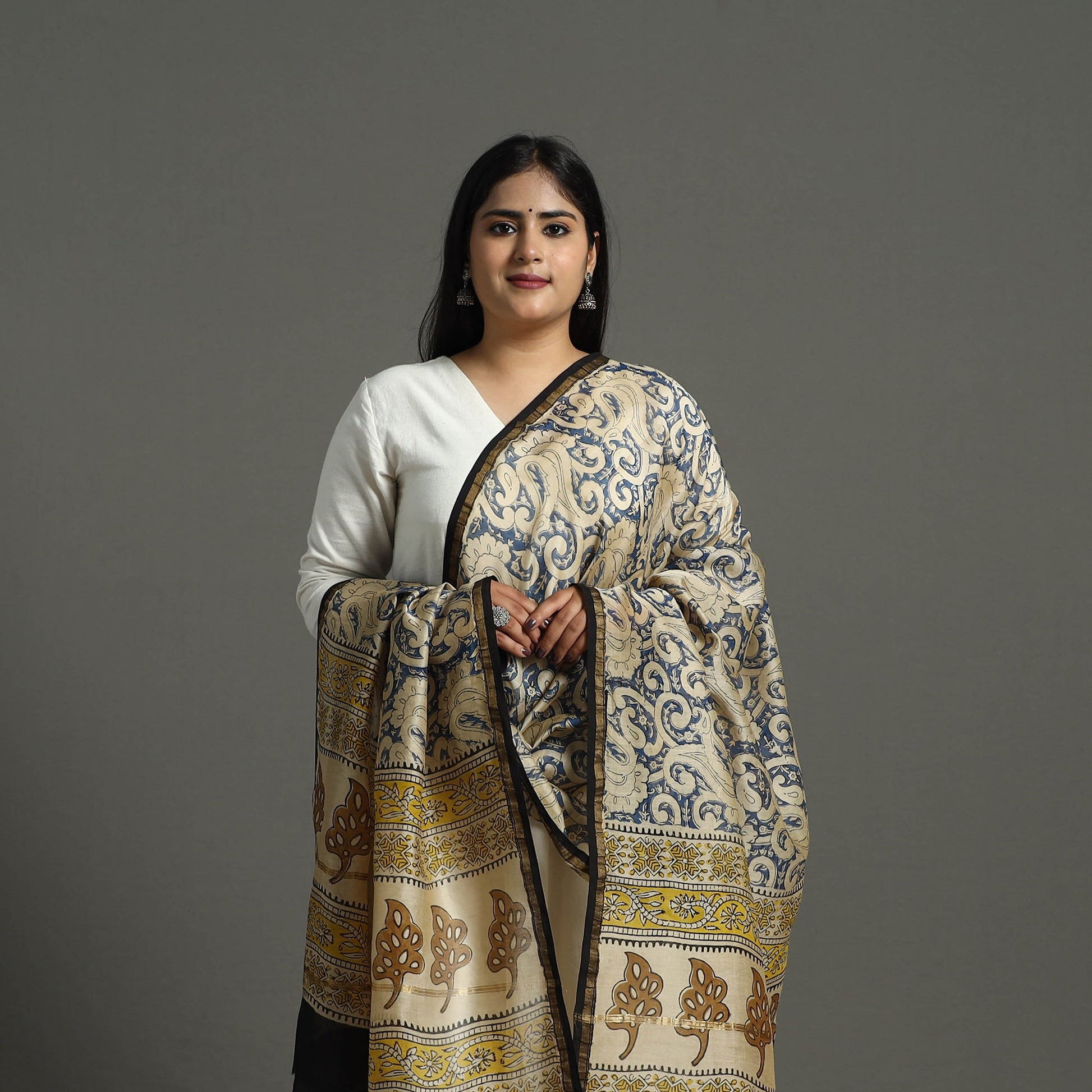 Blue - Chanderi Silk Block Print Bagru Dupatta 10