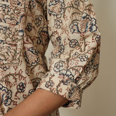 Beige - Pedana Kalamkari Hand Block Printed Cotton Pintuck Straight Kurta 08