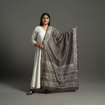 Brown - Chanderi Silk Block Print Bagru Dupatta 11