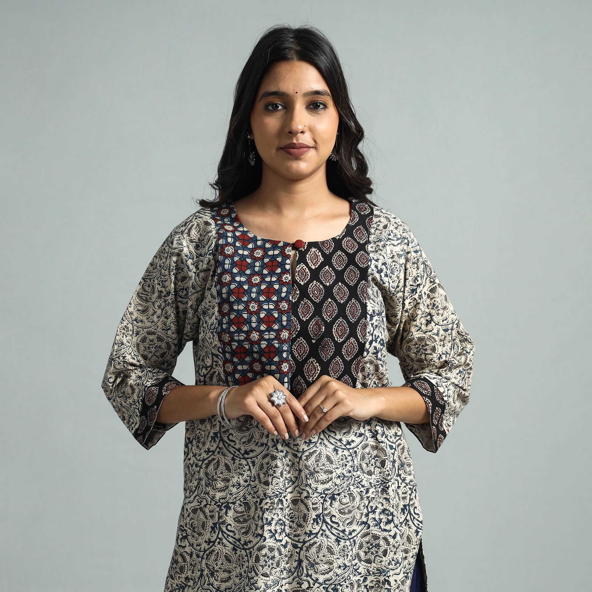 Beige - Pedana Kalamkari Block Printed Cotton Kurta with Palazzo Set