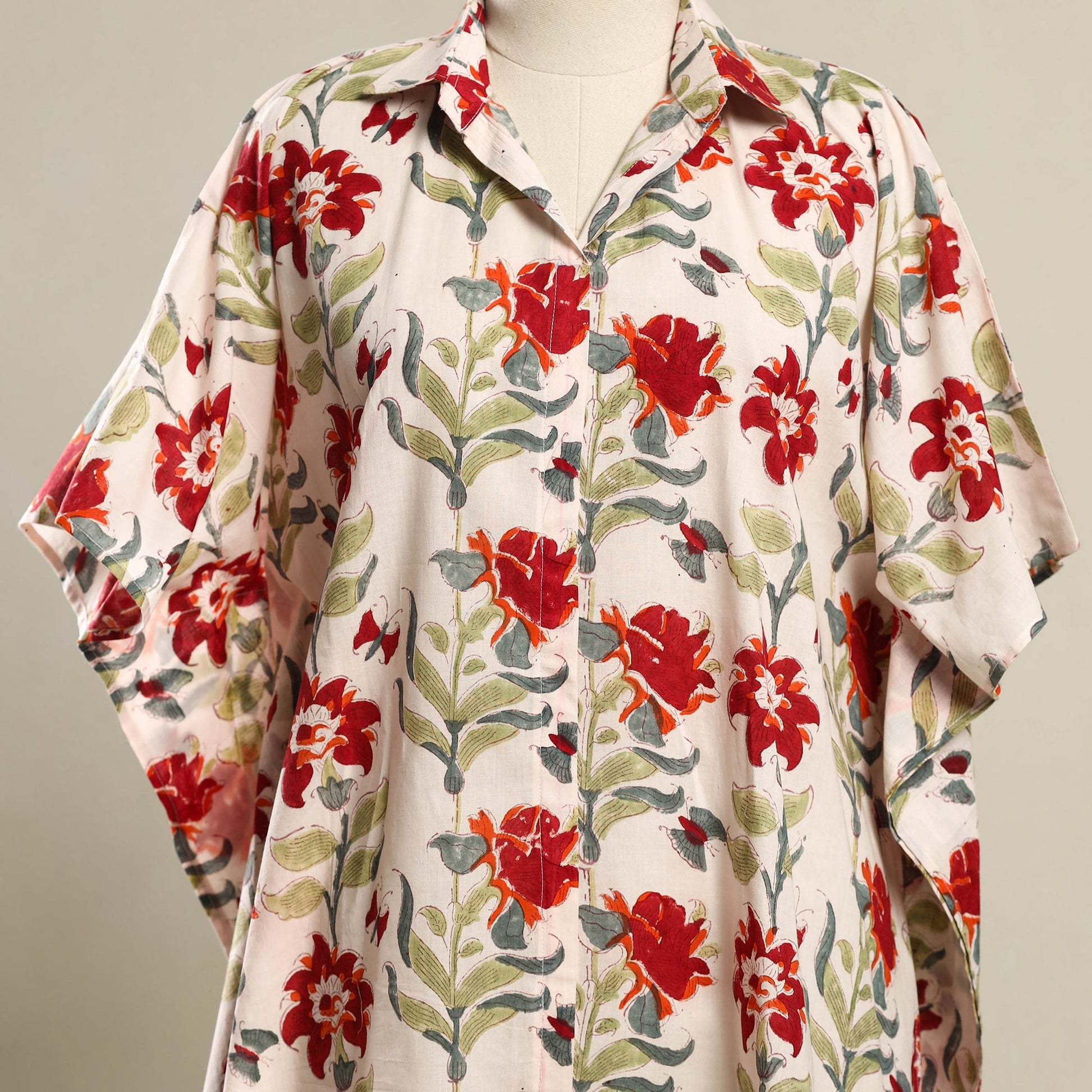 Beige - Block Print Sanganeri Cotton Kaftan (Short) 12