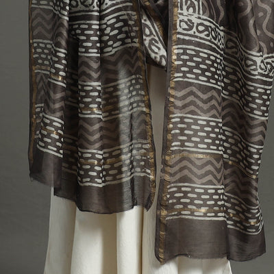 Brown - Chanderi Silk Block Print Bagru Dupatta 11