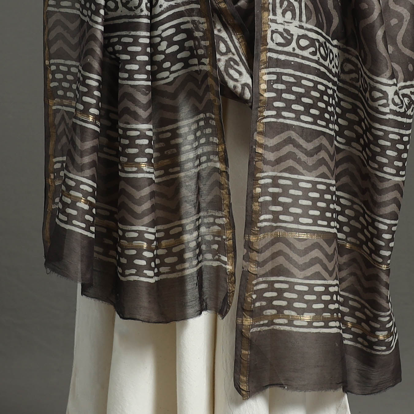 Brown - Chanderi Silk Block Print Bagru Dupatta 11