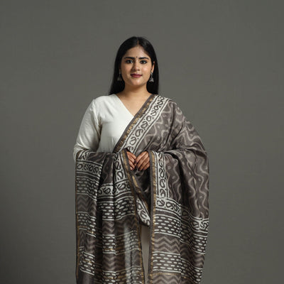 Brown - Chanderi Silk Block Print Bagru Dupatta 11